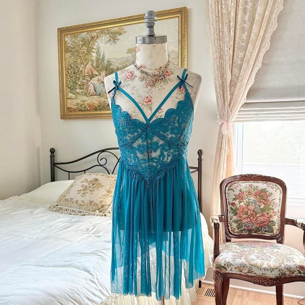 Blue lace babydoll slip dress  Y2K teal lace slip dress Avidlove size 14